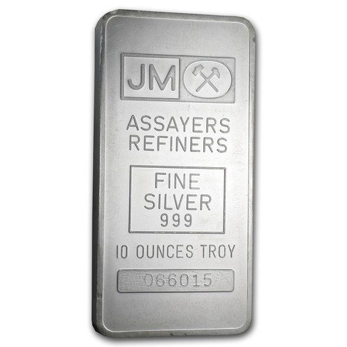 - SKU #70059 10 oz Silver Bar Johnson Matthey Pressed, Plain Back
