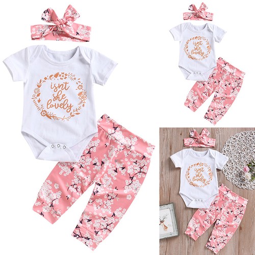 Newborn Baby Girl Cotton Romper Bodysuit Jumpsuit Outfit Flower 3pcs Set Clothes