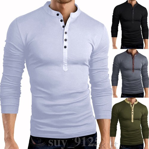 Hot Men/'s Slim Fit V Neck Long Sleeve Muscle Tee T-shirt Casual Top Henley Shirt