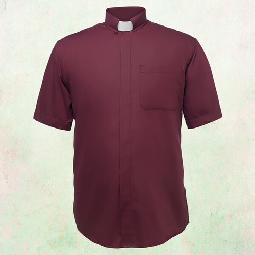 Mens Tab Collar Clergy Preacher Clerical Minister Shirt Short Sleeve *BURGUNDY*