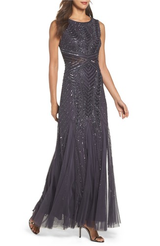 #F53 NEW Adrianna Papell Beaded Sleeveless Gown in Gunmetal SZ 6P 16