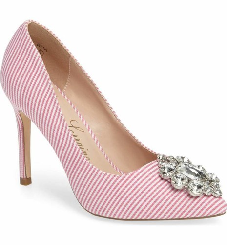 Lauren Lorraine Rita Rhinestone Embroidered Broche Pointed Toe Pink Stripe Pumps