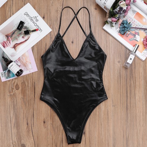 US PU Leather Women Wetlook Bodysuit Sleeveless Clubwear Catsuit Leotard Thong