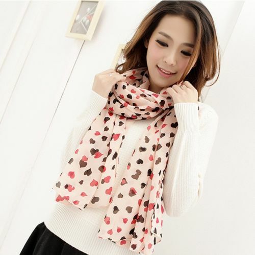 Women/'s Accessories Chiffon Fashion Heart Print Long Soft Scarf Stole Scarf
