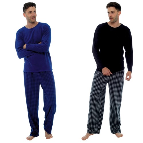 Sizes M-XXL Mens Plain Top Square Check Pants Fleece Long Pyjamas//Lounge Set