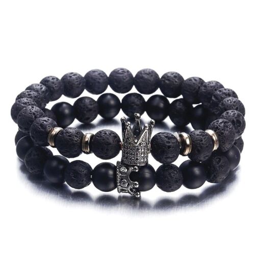 Armband Perlen Lava Stein Krone King Queen Lavastein Perlenarmband Neu Dehnbar