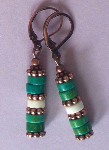 Details about / green white heishi COPPER earring LEVERBACK artisan