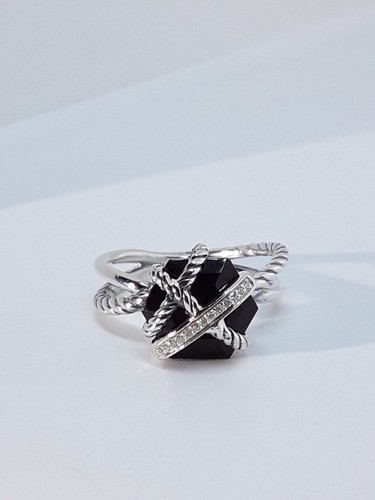 Bague Taille 6.75 David Yurman 10 mm câble Wrap Ring Avec Noir Onyx et Diamants