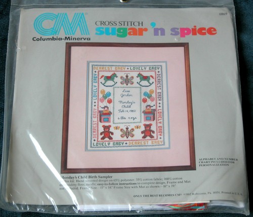 Vintage /"Monday/'s Child Birth Sampler/" Stamped Cross Stitch Kit