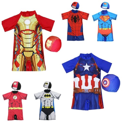 Kid Boys Swimwear Superheroes Swimming Costume Swimsuit 4-10Y with Cap One Piece