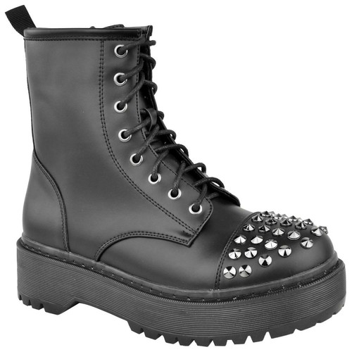 Womens Ladies Studded Chunky Ankle Boots Worker Platform Punk Goth Embellished