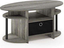 JAYA Simple Design Oval Coffee Table with Bin, French Oak/Black/Black
