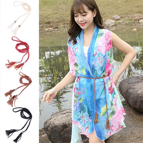 Boho Frauen Pu-Leder Quaste Geflochtene Self-Tie Gürtel Dünne Taille Seil Gür ox