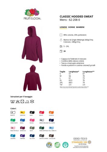 3 PEZZI STOCK Felpa FRUIT OF THE LOOM cappuccio gr 280 HOODED sweat NO ZIP