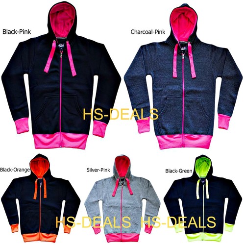 Da Donna Fluorescenti contrasto Plain Felpa con Cappuccio e Cerniera Donna Zipper Felpa Giacca Top