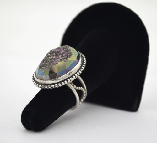 Iridescent Large Druzy Quartz Sterling Silver Adjustable Ring Sz 6 Details about / #8369