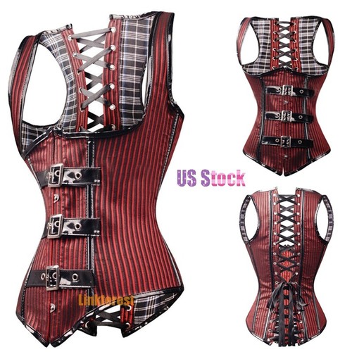 BLACK PUNK WOMEN BONED WAIST TRAINING CORSET OVERBUST LACE UP BUSTIER SHAPER #AM