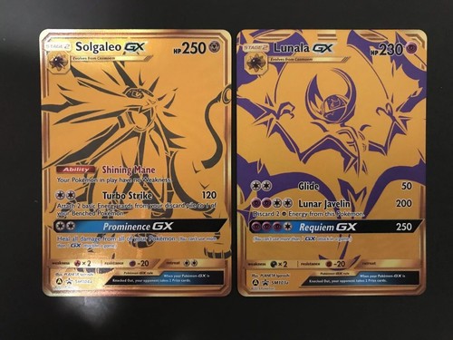 2x GOLD FULL ART Lunala Solgaleo GX ULTRA RARE SM104a Black Star Promo Mint