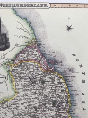 Antique UK 1840 Pigot Reprint Old Victorian Map of Northumberland Historical