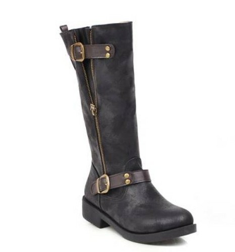 Women/'s Low Heels Mid Calf Riding Boots Round Toe Buckle Strap Zip Casual Shoes