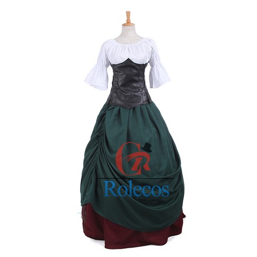 Women Medieval Renaissance Bell Sleeve Corest Cosplay Dress Costume Gown
