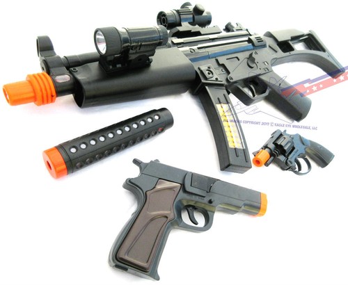 2x Toy Guns Military HUGE Elec MP5 w// Silencer /& Black Pistol 9MM Toy Gun Set