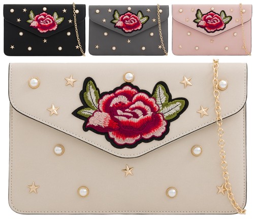 Ladies Envelope Flat Star Pearl Embroidery Rose Party Evening Dressy Clutch Bags