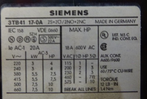 20A Re.inkl.MwSt Siemens Schütz 3TB41 17-0A 3TB4117-0A 3 TB 41 17-0A