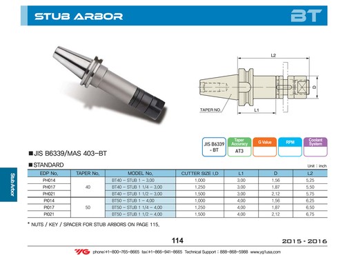 BT40 1-1//4/" Stub Milling Cutter Arbor YG-1 #PH017