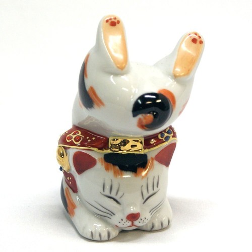 Maneki Neko Beckoning Welcoming Cat Headstand Paw Rare Ceramic Kutani ware Japan
