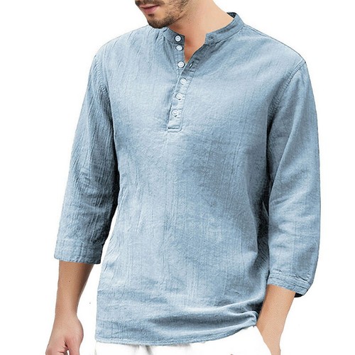 Mens Summer Linen Hippie Shirts Long Sleeve V Neck Casual T-Shirt Button Tops