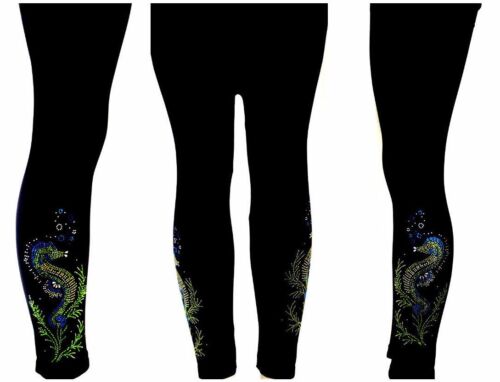 Regular or Plus Leggings Embellished Rhinestone Shimmering Seahorses Design