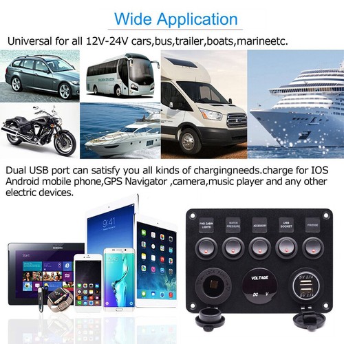 5 Gang 12V//24V Car Boat Truck LED Switch Light Control Panel Dual USB Charger*