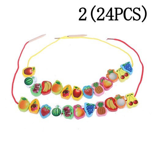 24Pcs Baby Wooden DIY Toy Fruit Animal Stringing Threading Wooden beads toy US