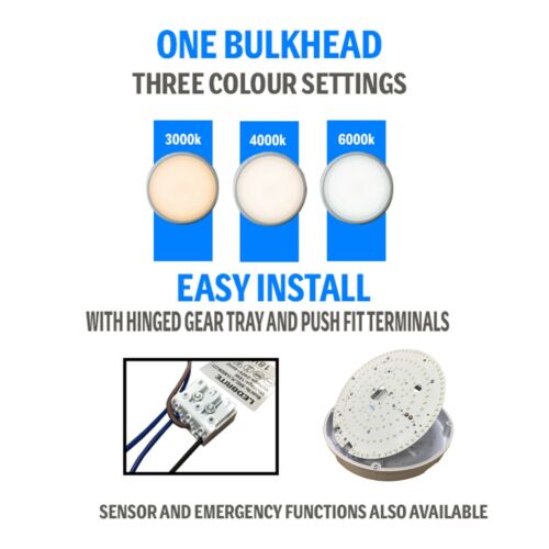 LED 2D Bulkhead Emergency Version 12W IP65 CCT Switchable Ceiling Light Chrome