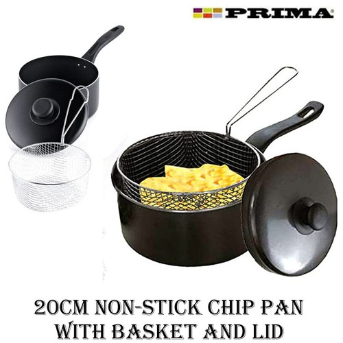 20CM NON-STICK CHIP PAN STEAMER SET DEEP FAT FRYER FRYING BASKET POT FRIES LID