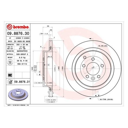 BREMBO 09887631 DISCHI FRENO rivestiti 2 pezzi coated ettari posteriori 09.8876.31