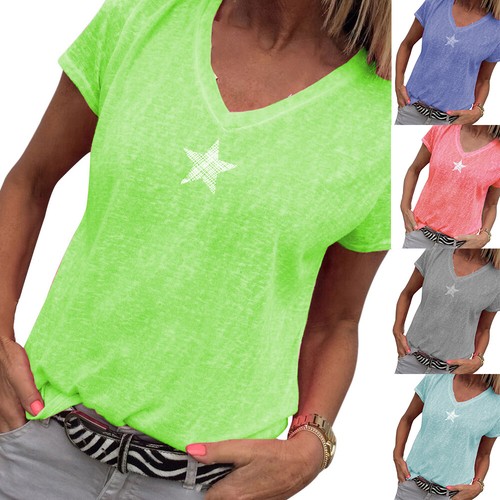 Summer Women Lady Tops V-Neck Casual Short Sleeve Blouse Loose T-Shirt Plus Size