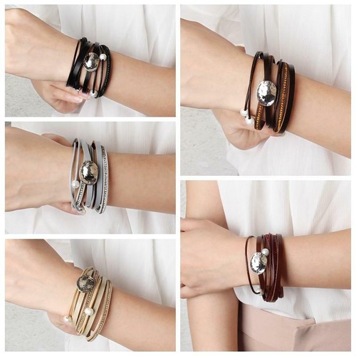 Women Men Multi-layer Rope Chain Leather Bracelet Bangle Magnetic Buckle Clasp