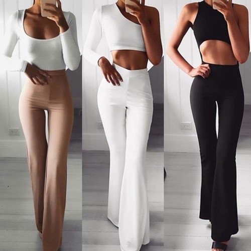 Women/'s Solid High Waist Flare Wide Leg Chic Trousers Bell Bottom Yoga Pants SER