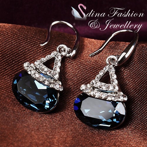 18K White Gold GP Made With Swarovski Crystal Sapphire Ocean Pool Dangle Earring
