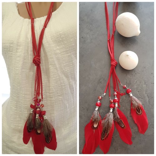 Mod.C9 Accessoires Kunstleder Halskette Rot Touch Modeschmuck Federn