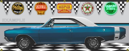 1969 DODGE DART GTS BLUE WHITE GARAGE SCENE BANNER SIGN SHOP ART MURAL 2/' X 5/'