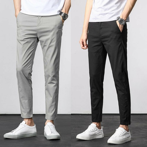 Mens Straight Leg Long Pants Pencil Trousers Work Casual Slim Flat Front Formal