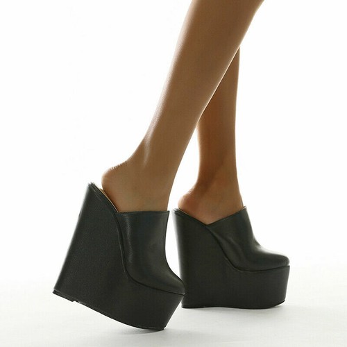 Womens Mules Shoes Wedge Sandals Round Toe High Heels Platform Slippers Clubwear