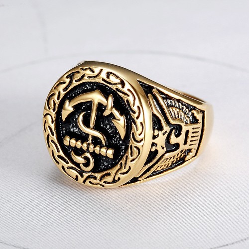 18k Gold Plated Titanium Steel Eagle Engraved Cool Men/'s Black Anchors Ring M94