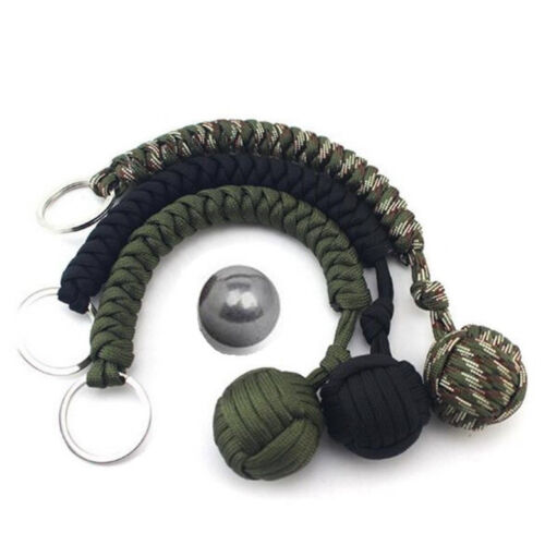 Outdoor Monkey Fist Paracord Keychain Porte-clé militaire boule en acier de survie #HD3