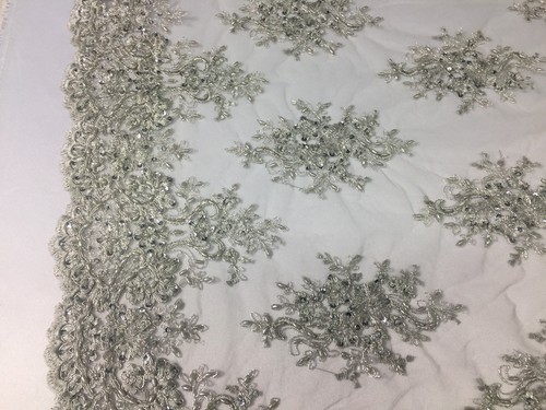 Embroidered Bridal Veil /& Wedding decorations Silver By The Yard Beaded Fabric