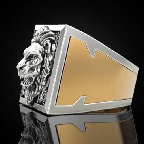 Fashion Lion Two Tone 925 Silver Rings for Men Party Ring Gift Size 7-13