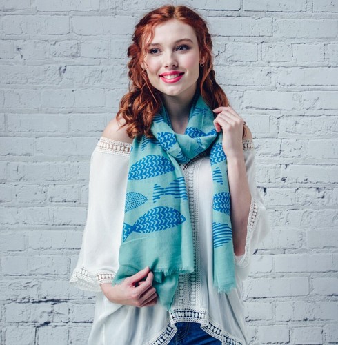Ladies Scarf Patterned Fishes Green or Grey 180cm x 90cm Christmas Present